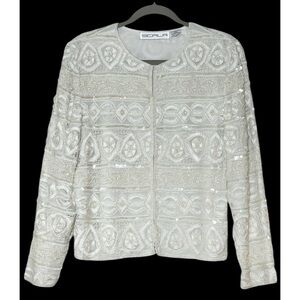 Scala beaded & sequined off-white silk fancy jacket size M